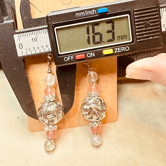 Silver Hook Dangle Earrings & Large Silver Beads & Cherry Quartz Stones & Crysta - Picture 3 of 9